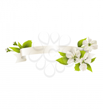 Festive satin ribbon garland flag with cherry flowers isolated on white background
