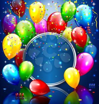 Multicolored inflatable balloons with circle frame and confetti on blue background