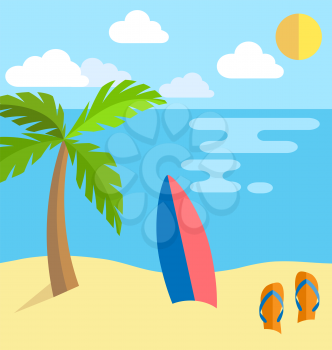 Summer vacation background island with palm sun slippers and surf