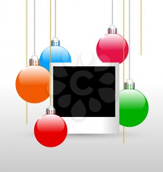 Blank photoframe with christmas multicolored balls on grayscale background