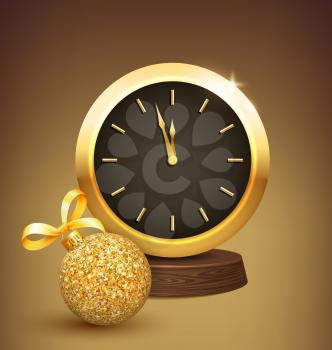 Festive New Year Background with Golden Christmas Ball and Clock