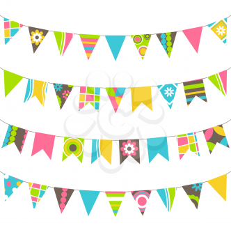 Set of multicolored flat buntings garlands flags with ornament isolated on white background