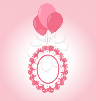 Lace pink baby frame flying on air balls on pink background
