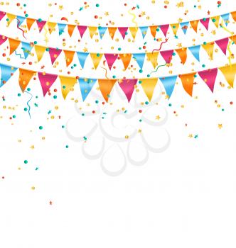 Multicolored bright buntings garlands with confetti isolated on white background