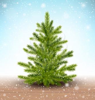 Christmas Tree in Snow on Wooden Floor on Blue Background