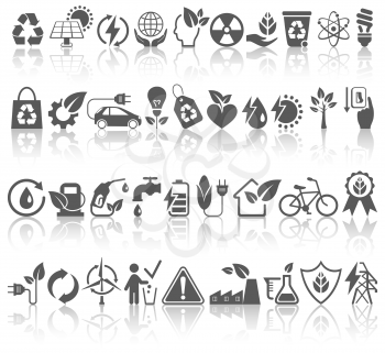 Eco Friendly Bio Green Energy Sources Black Icons Signs Set with Reflection Isolated on White Background