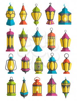 Muslim Holiday Ramadan Kareem Generous Month Lanterns Traditional Decoration Icons Fanoos Isolated on White Background