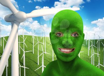 The concept of green human's head on nature background with wind turbines