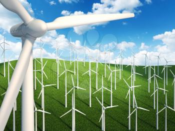 Many wind turbines in the sky and grass background