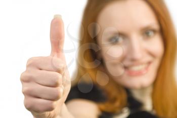 Beautiful attractive smiling business woman showing OK sign isolated on white