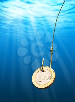 Euro coin on the hook underwater