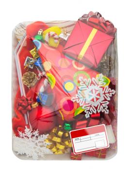 Wrapped plastic white food container with colorful gifts box and blank label isolated