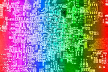 Computer motherboard circuit in gradient colors. Use for texture or background