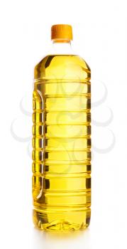 Plastic bottle of sunflower oil. Isolated over white background.