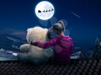 Little, cute girl sits on the roof with toy bear