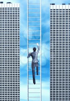 Businesswoman climbing the ladder between two skyscrapers