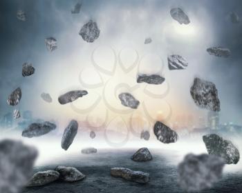 Rocks falling in chaos over abstract background