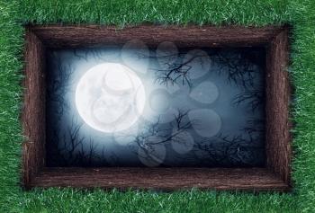 Scary night reflects in the bottom of the empty grave
