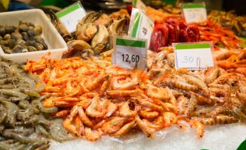 Assorted shrimps on ice in seafood market