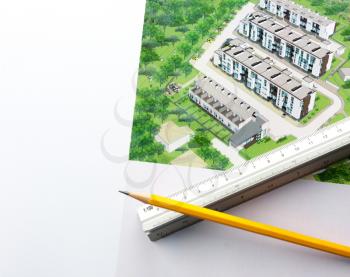 Pencil and ruler on architectural design of townhouses