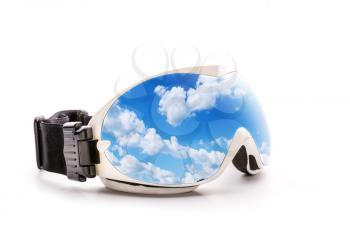 Ski glasses with sky reflection isolated on white background