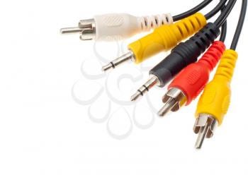 Close-up view of audio and video cables. Isolated on white