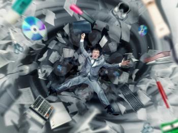 Scared businessman is falling into office chaos
