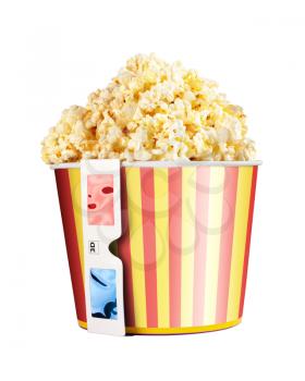 Bucket full of popcorn and 3D glasses isolated on white