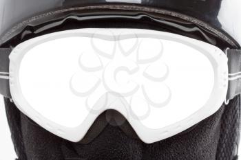 Close-up of snowboarder in balaclava. Isolated glasses