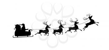 Silhouette of Santa in sleigh and his reindeers. Isolated on white
