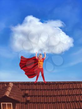 Little girl in costume holding a big cloud standing on the roof