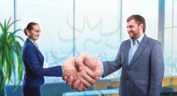 Businesswoman and businessman handshaking in the office