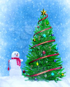 Christmas tree with snowman in a snowy bay