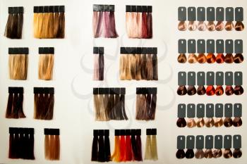 Palette of different colors to hair dye at hairdressing salon.