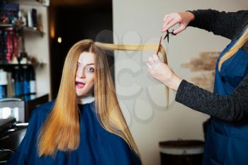 Stylist making hairstyle with scissors and comb in hands. Young woman with long hair.