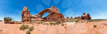 Landscape of arch between rocky mountains at the Arches National Park.