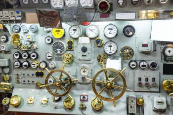 Military ship control panel with gauges. USS marine museum