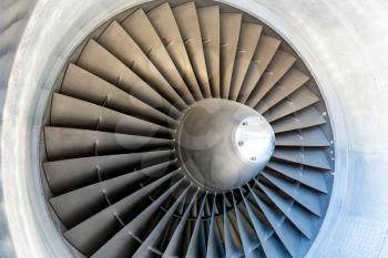 Jet engine blades closeup. Airplane turbine