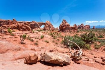 Arches National Park landscape with red rocks and skyline background. Sandstone natural beauty.