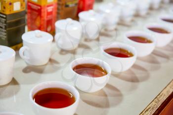 Ceylon tea degustation cups closeup view, tourist excursion on Sri Lanka
