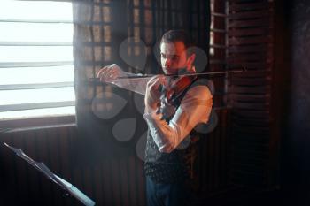 Male violinist playing on violin against the window. Fiddler man with musical instrument