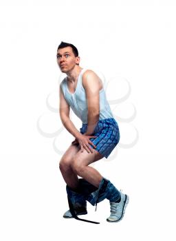 Problem with sexual potency or erection concept. Stressed man with his pants down, white background