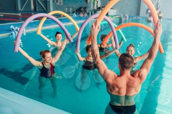 Aqua aerobics, healthy water sport, indoor swimming pool, recreational leisure