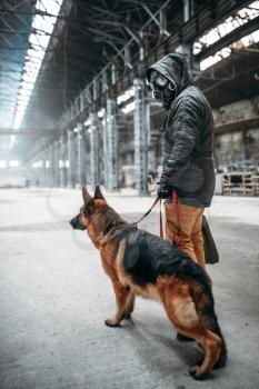 Stalker soldier in gas mask and dog in abandoned building, survivors after nuclear war. Post apocalyptic world. Post-apocalypse lifestyle on ruins, doomsday, judgment day 