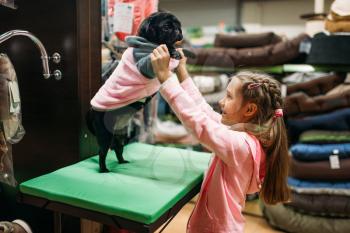 Little girl try on clothes for puppy in pet shop. Kid customer buying dogs overall in petshop, goods for domestic animals