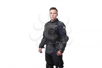 Armed police officer isolated on white background. Special force soldier in tactics ammunition