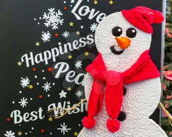 Merry Christmas card design with snowman, new year decoration. Winter holiday celebration