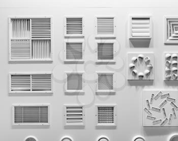 Showcase with plastic grills for house air vents closeup. Forced ventilation for bathroom, kitchen or rooms