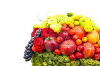 Ripe fruits and flowers composition, fresh harvest. Vitamin food and floral decoration. Isolated
