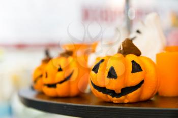 Halloween pumpkins closeup, traditional decoration on autumn holiday